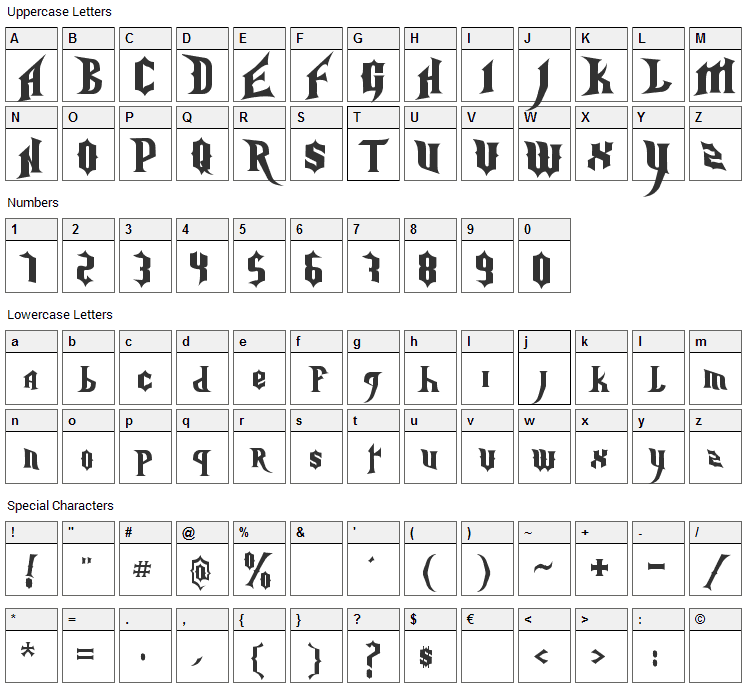 Nightmare Hero Font Character Map