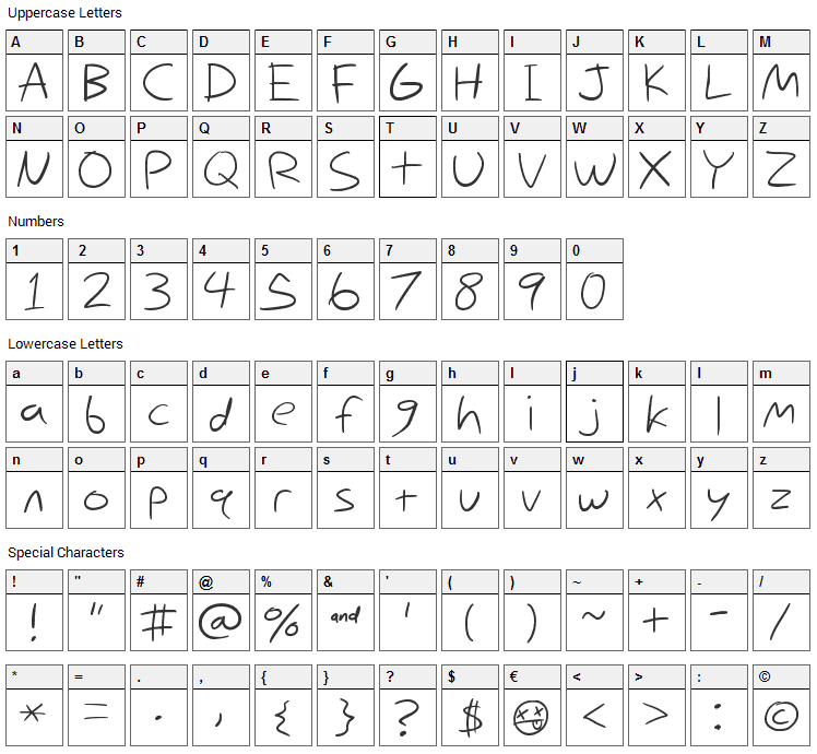 Nihilschiz Handwriting Font Character Map