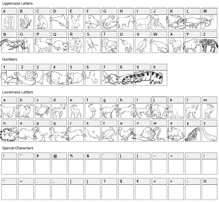 Ninas Animals Font Character Map