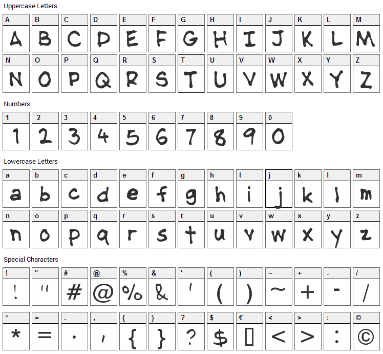 NipCen's Handwriting Font Character Map