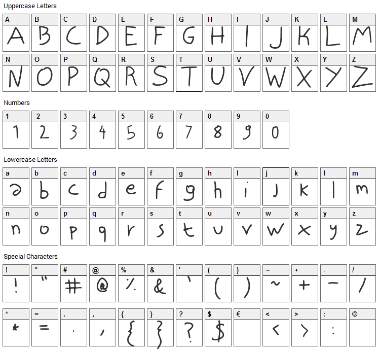 Niscript Font Character Map