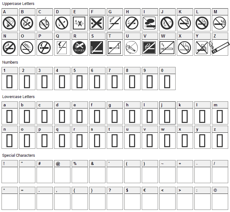 No Smoking Font Character Map