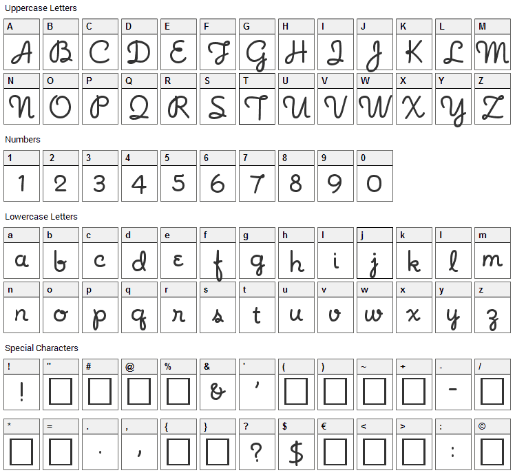 Noodle Script Font Character Map