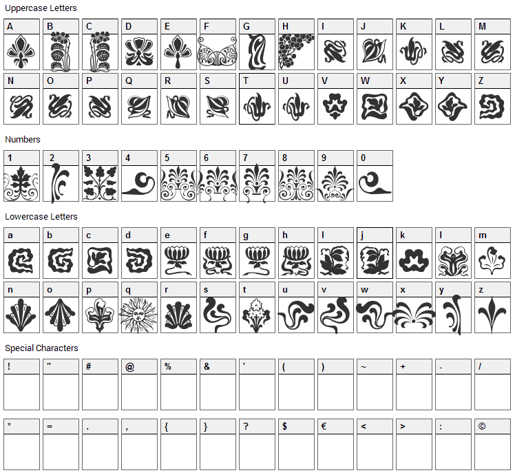 Nouveau Never Dies Font Character Map