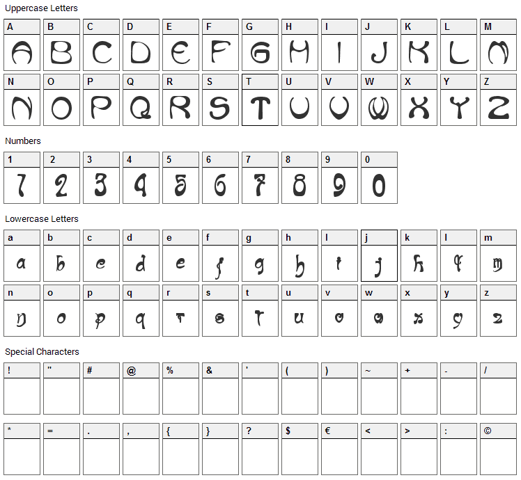 Nouveau Riche Font Character Map