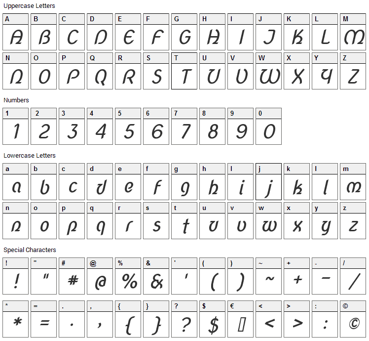 Nova Script Font Character Map