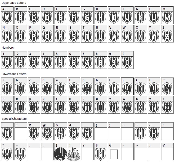 NUFC Shield Font Character Map