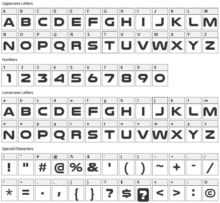 Nulshock Font Character Map