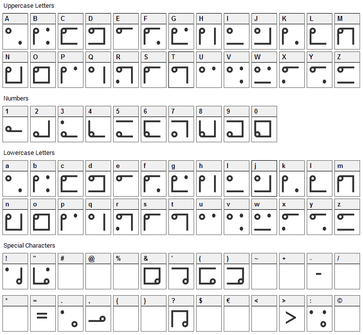 Nyctographic Font Character Map