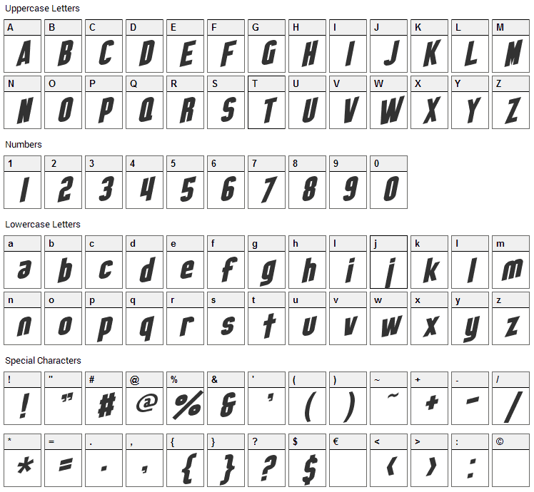 Obliquities Font Character Map