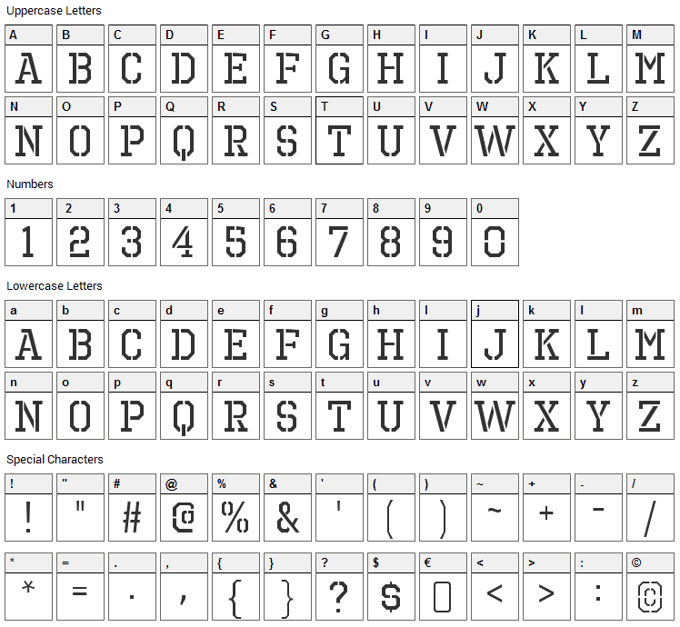 Octin Prison Font Character Map