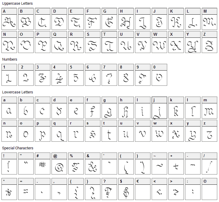 Oh My Goth Font Character Map