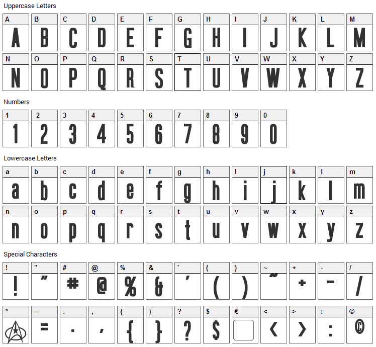 Okuda Font Character Map