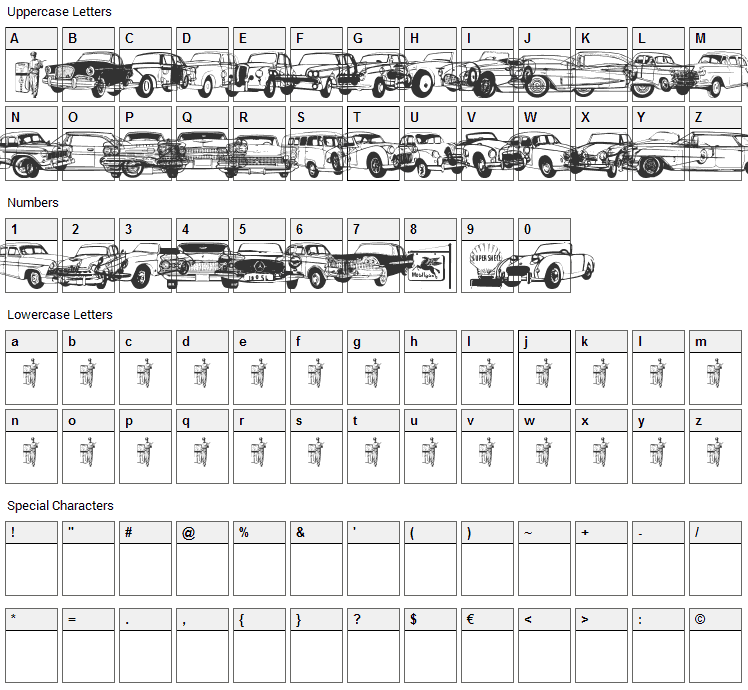 Old Car Font Character Map