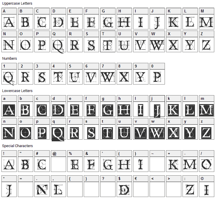 Old Constructed Caps Font Character Map