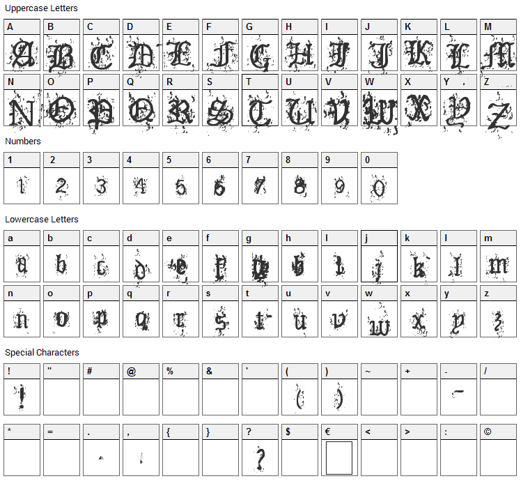 Old English Hearts Font Character Map