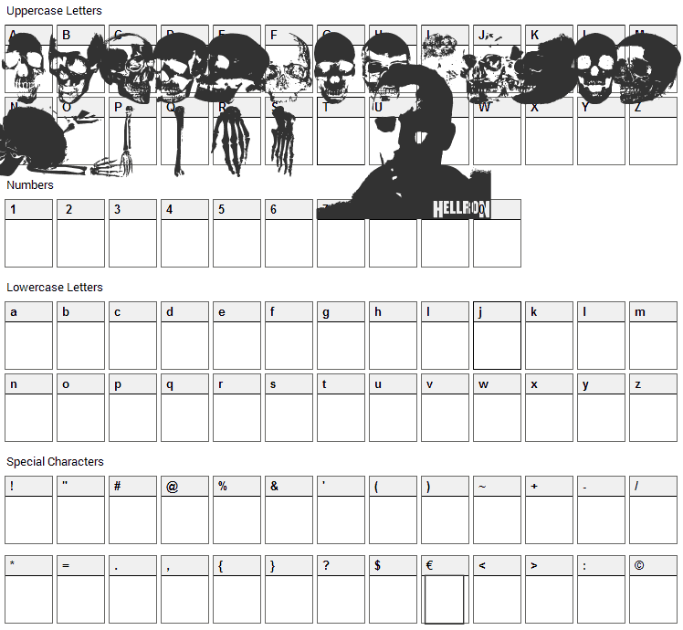 Old Skull Hellron Font Character Map