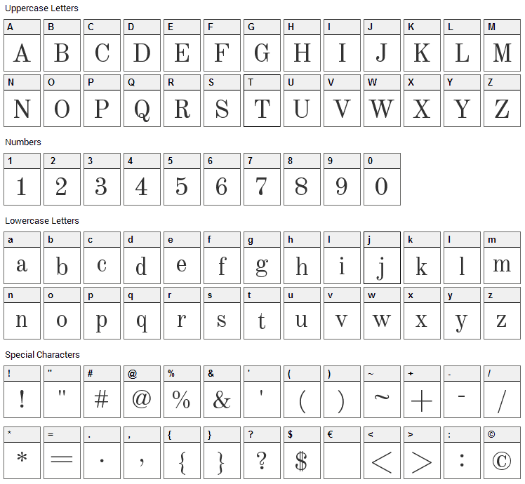 Old Standard TT Font Character Map