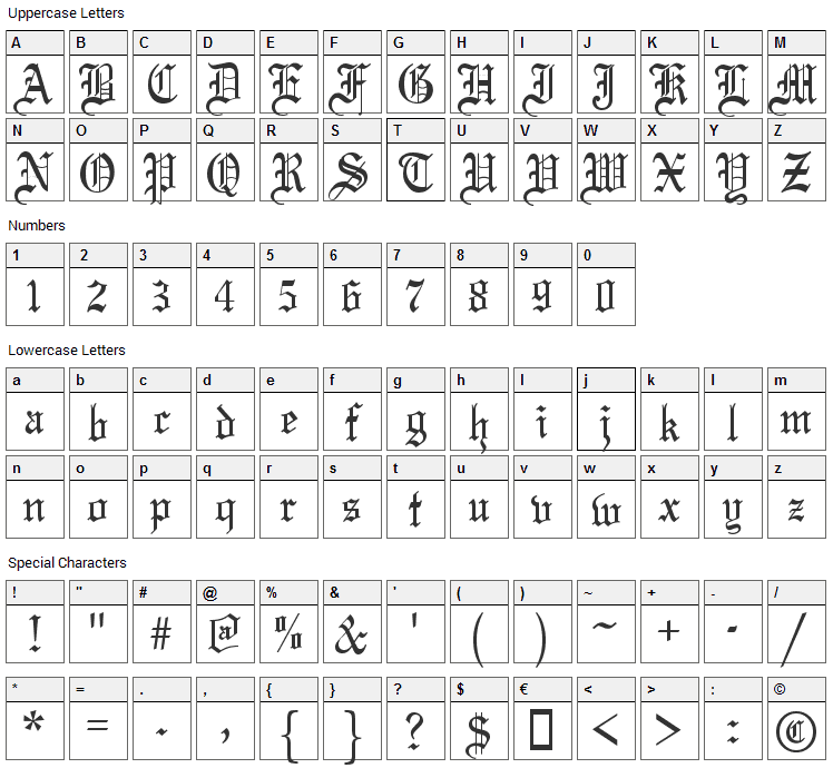 Olde English Font Character Map