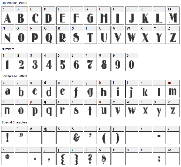Oldgate Lane Outline Font Character Map