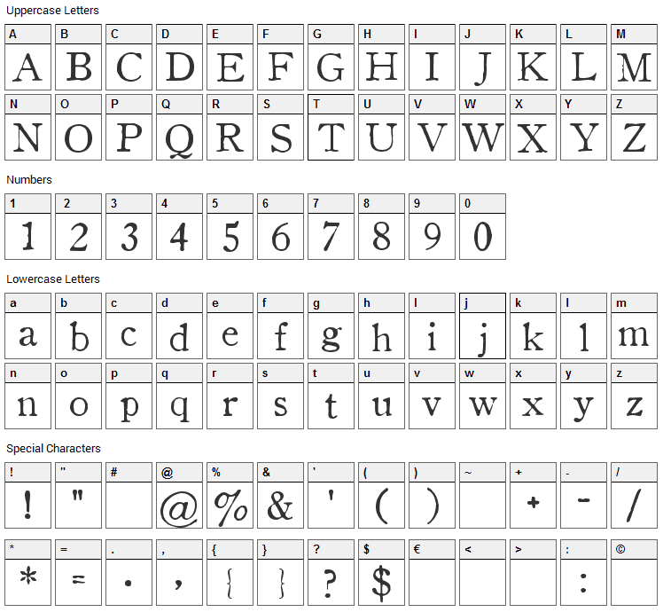 OldStyle Font Character Map