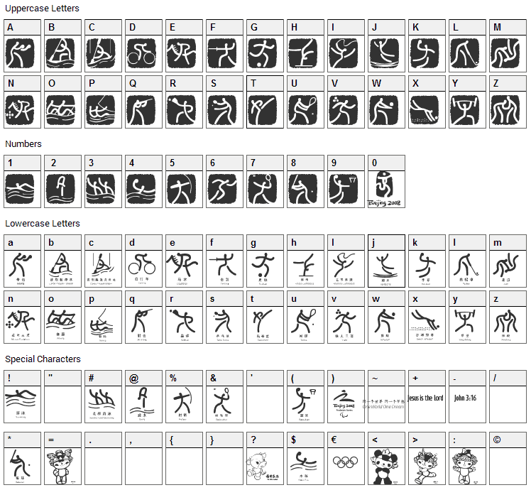 Olympic Beijing Picto Font Character Map