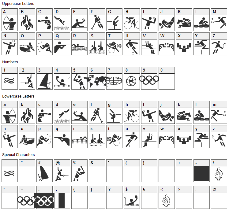Olympicons Font Character Map