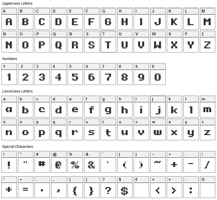 Onesize Font Character Map