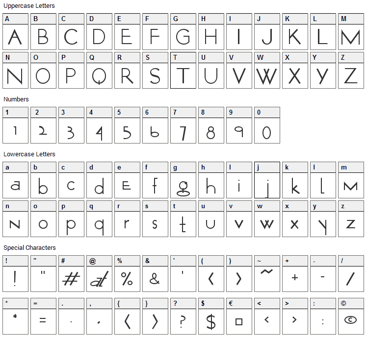 Opticon One Font Character Map