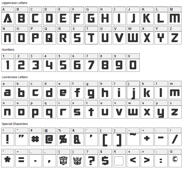 Optimus Font Character Map