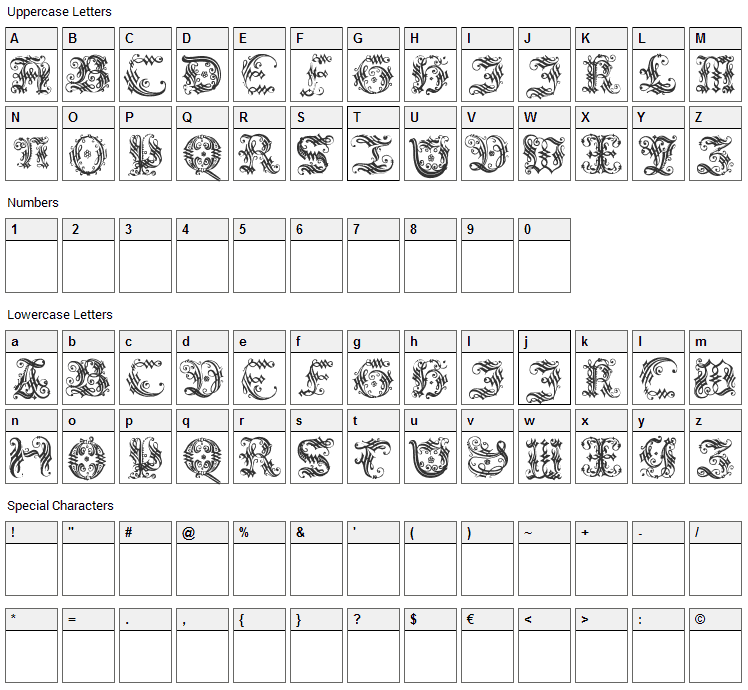 Ornamental Initial Font Character Map