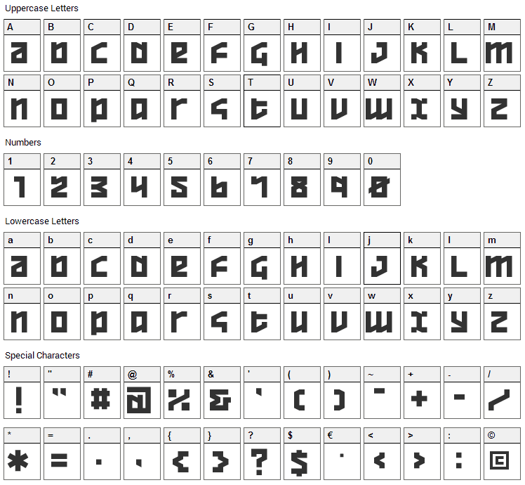 Overheads Font Character Map