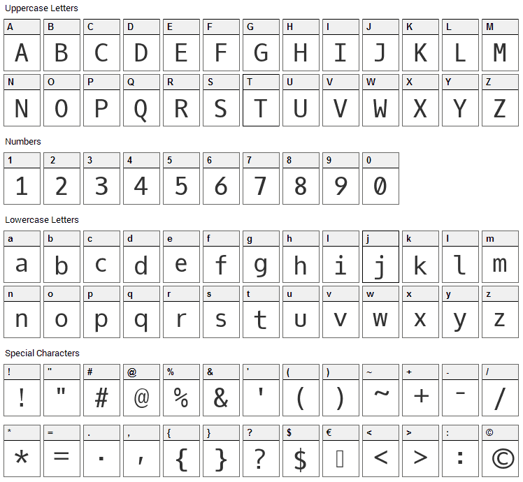 Oxygen Mono Font Character Map