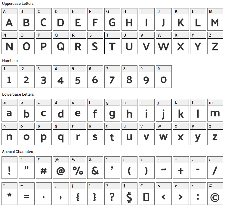 Palanquin Dark Font Character Map