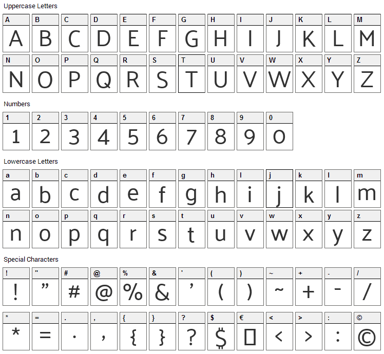 Palanquin Font Character Map