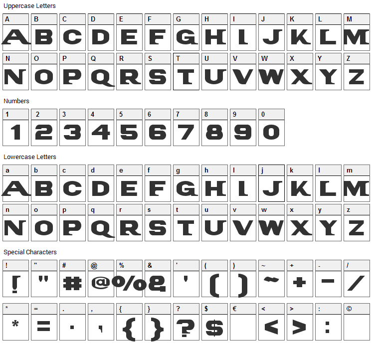 PanAm Font Character Map