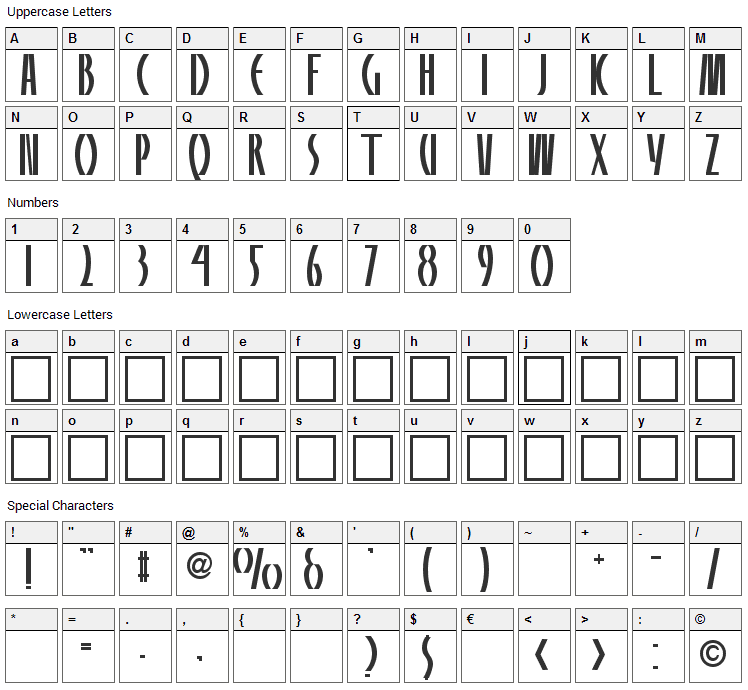 Panelite Font Character Map