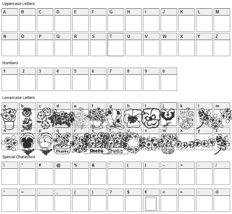 Pansies 4 Sheila Font Character Map