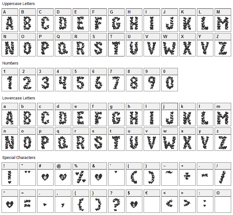 Paper Hearts Font Character Map