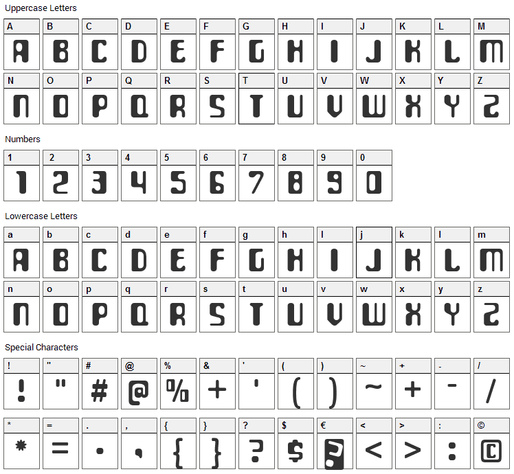 ParaAminobenzoic Font Character Map