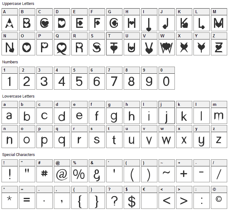 Paris in Love Font Character Map