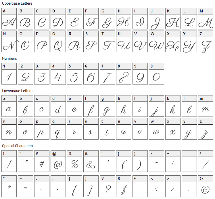 Parisienne Font Character Map