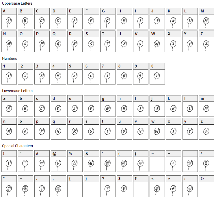 Party Balloons Font Character Map