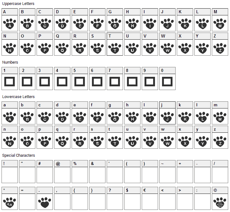 Pawrty Hearty Font Character Map