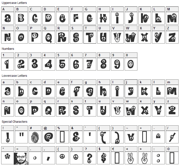 Peace Font Character Map