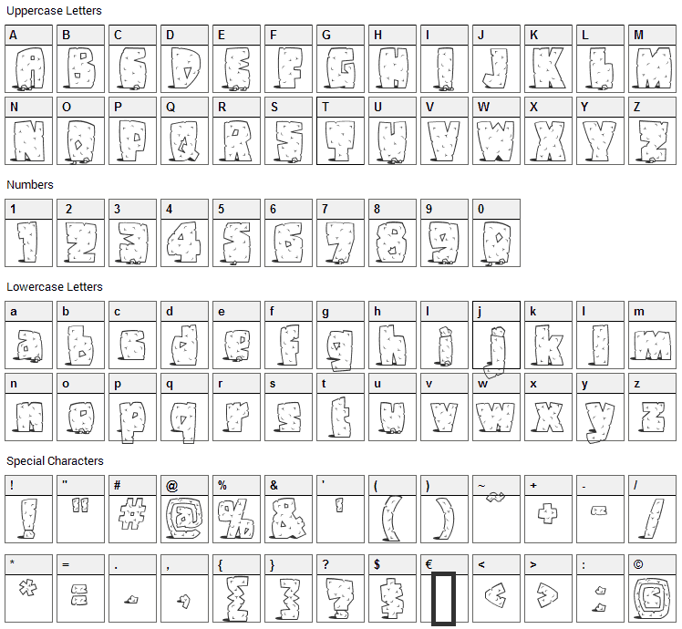 Pebbles Font Character Map