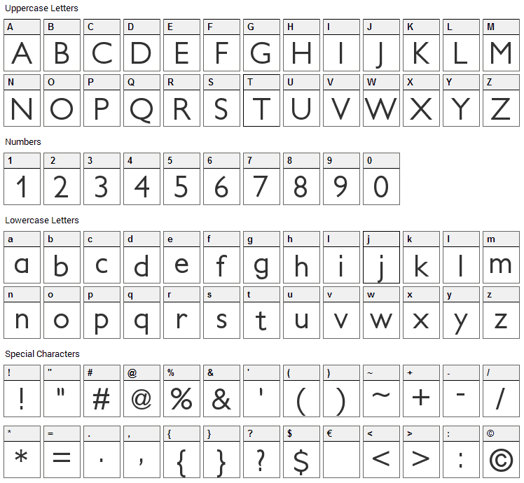 Petita Font Character Map