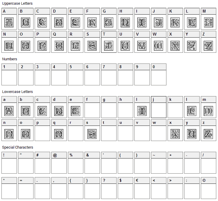 PetitFleur Font Character Map