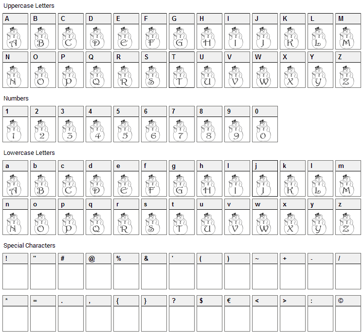 PF Snowman Font Character Map