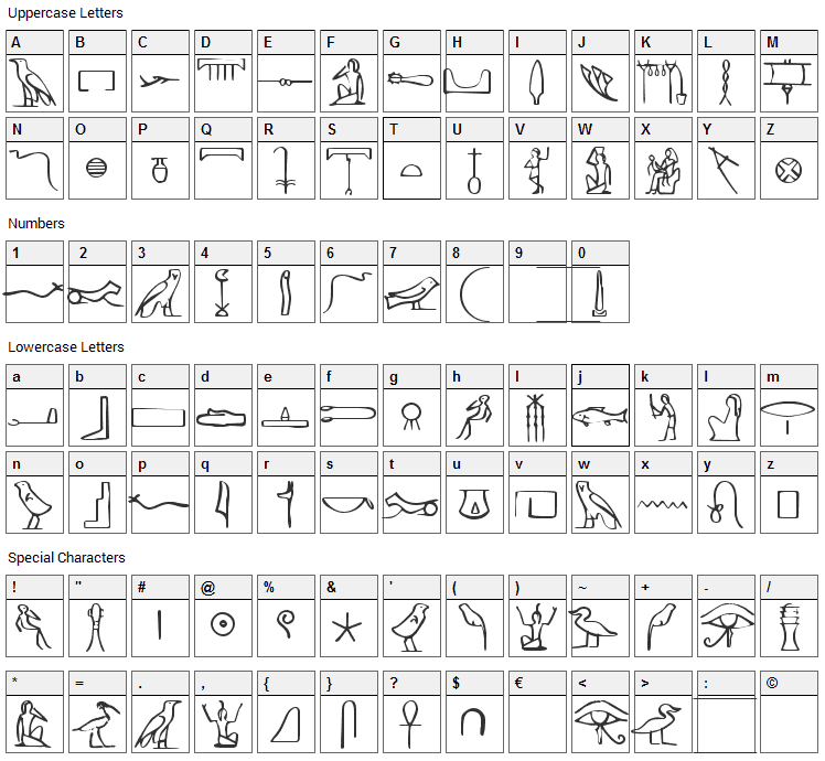 Pharaoh Glyph Font Character Map